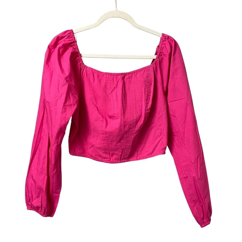 Japna hot pink bright long sleeve cropped top shirred back size large